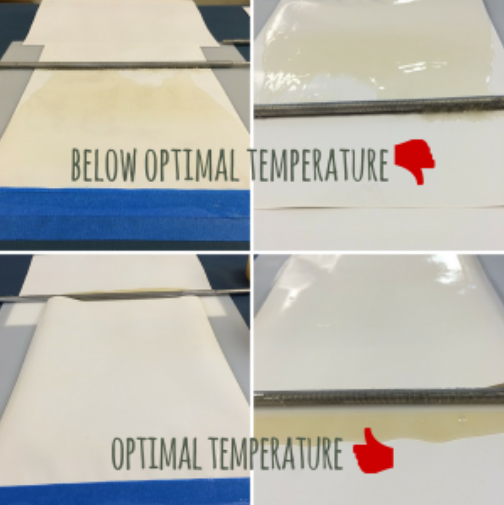 Two side by side images showing that optimal glue temperature application keeps substrates from curing when drying